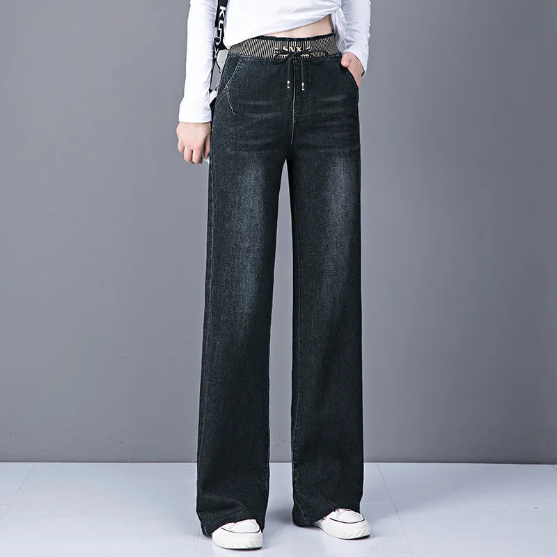 Women Elastic High Waist Straight Jeans Winter Warm Thicken Baggy Velvet Lined Wide Leg Denim Pants Korean Casual Vaqueros New.