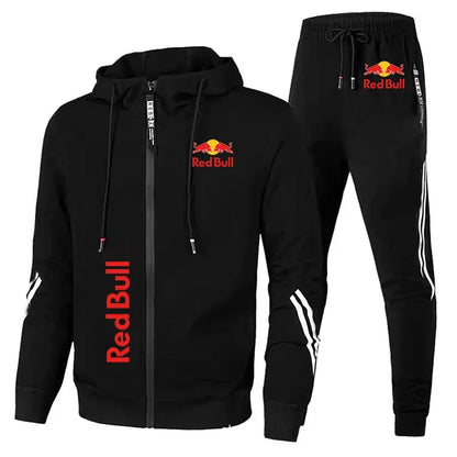 Red Bull Racing Logo Print Men Sportswear Hoodie Sets Zip Sweatshirt+Pants 2 Piece Suit Extreme Sports Custom Red Bull Tracksuit.