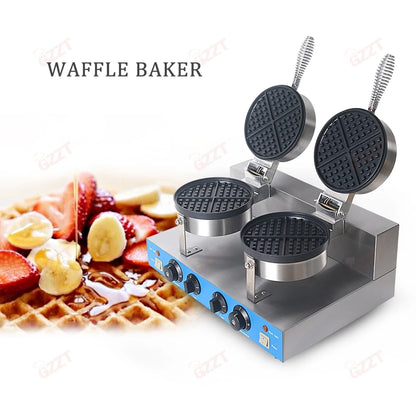 GZZT Commercial Double Head Waffle Maker 4-Piece Non-stick 2000W Adjustable Temperature 50-300℃ High-Efficiency Snack Machine.