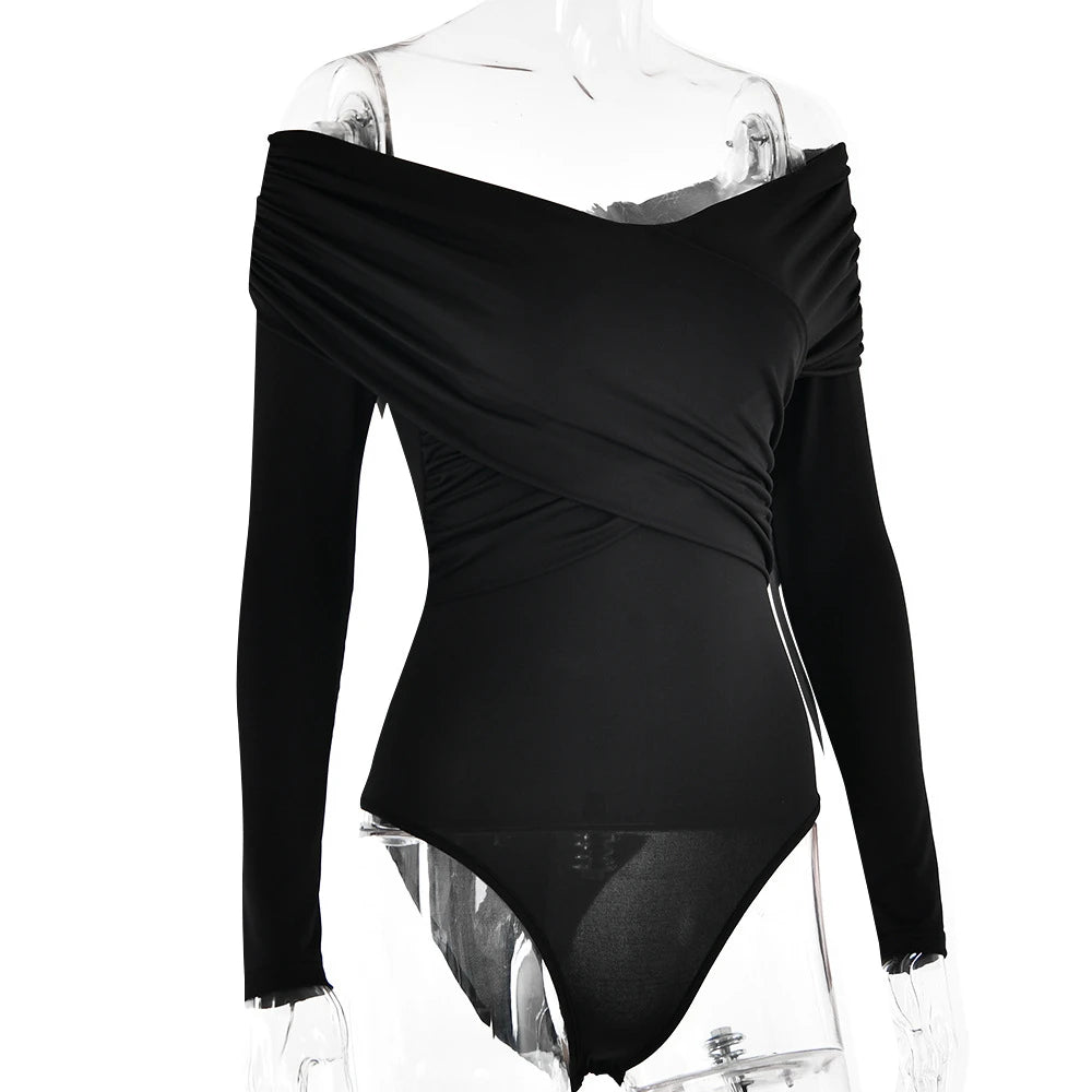 New Solid Sexy Off Shoulder Bodysuits Women Fashion Crossed Folds Skinny Rompers Long Sleeve Fashion Streetwear Autumn Bodysuits