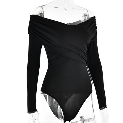 New Solid Sexy Off Shoulder Bodysuits Women Fashion Crossed Folds Skinny Rompers Long Sleeve Fashion Streetwear Autumn Bodysuits