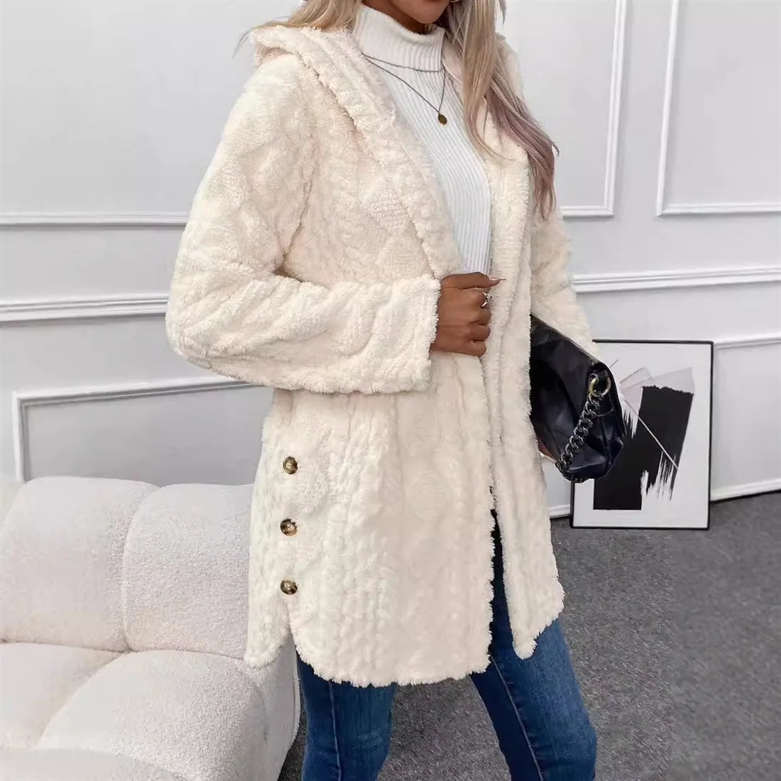 Women Cardigan Hoodie Jacket Autumn Winter Argyle Textured Pattern Hooded Irregular Hem Buttons Fleece Oversized Outerwear Coat