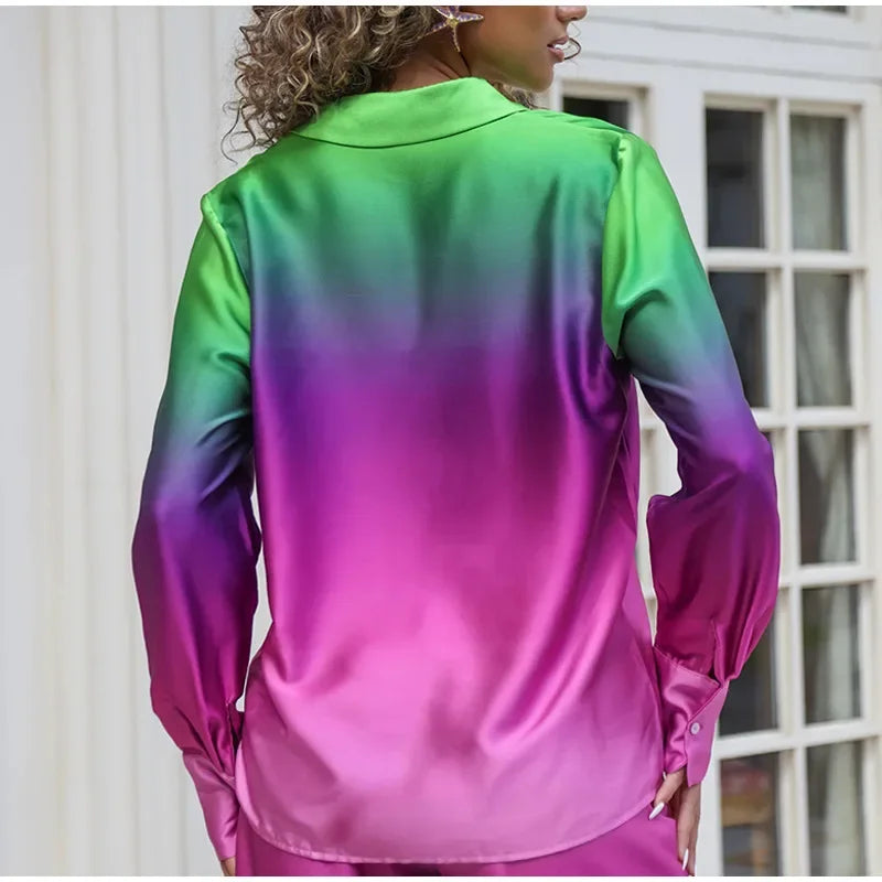 Female Casual Outfit New Summer Print Suits Woman Vintage Printed Long-sleeved Shirt and Loose Wide Leg Pants Set Two Piece Set.