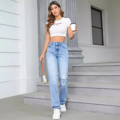 Loose High Waist Casual Hole Straight Leg Jeans Long Pants Wide Leg Trousers Comfortable Fit Female Denim Jeans.