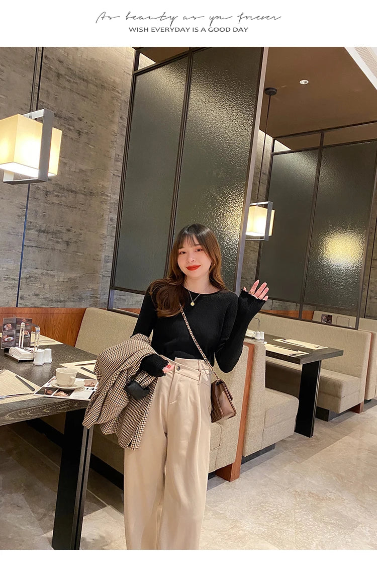 2025Oansatz Rippen Langarm Koreanische Dünne Weibliche Pullover Frauen Pullover Stricken Weiche Jumper Tops Geraffte Herbst Winter Tops.