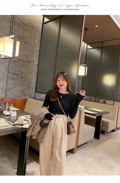 2025Oansatz Rippen Langarm Koreanische Dünne Weibliche Pullover Frauen Pullover Stricken Weiche Jumper Tops Geraffte Herbst Winter Tops.