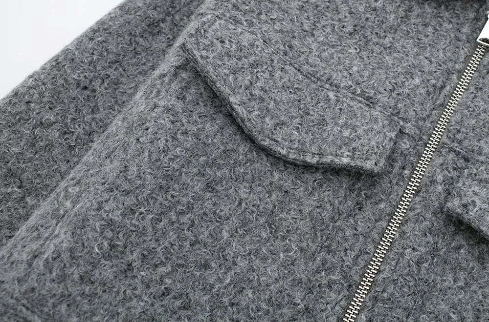 TRZA Frauen Mode Patch Taschen Mit Klappen Abgeschnitten Jacke Mantel Vintage Langarm Front Zipper Weibliche Oberbekleidung Chic Tops.