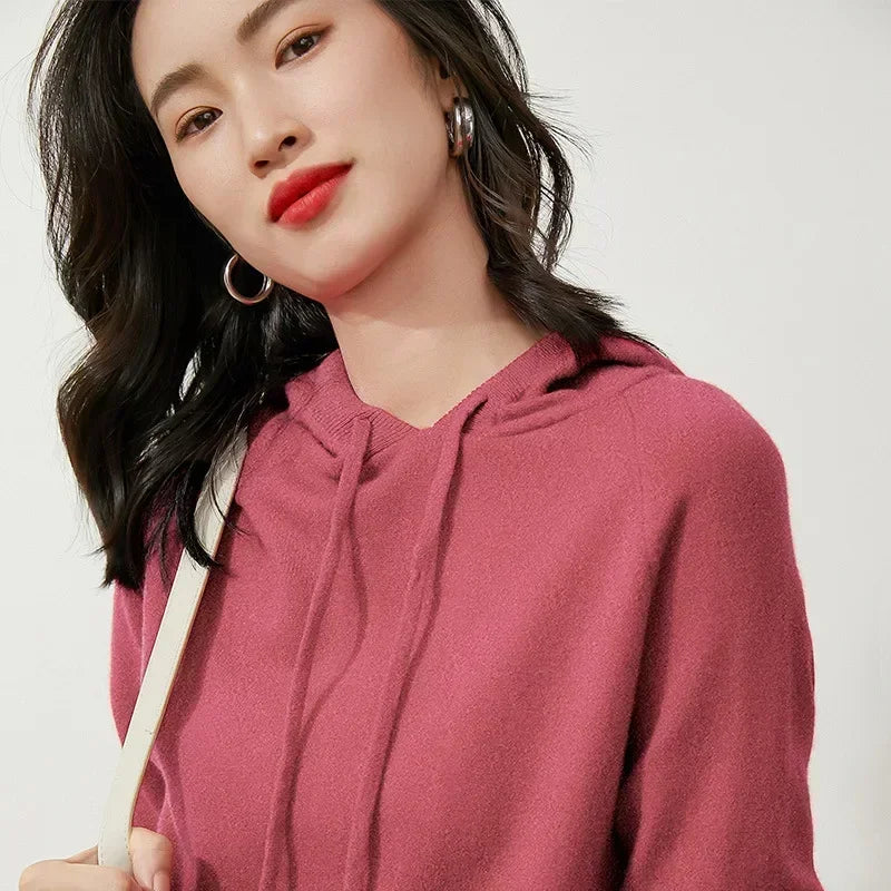 Women's Autumn and Winter New Casual Hoodies Sport Loose Hooded Knitted Hoodie Pullover Sweater