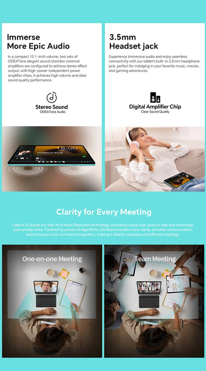Odea A10 Tablet 10.1" IPS Android 14 T606 Octa-core Max 12GB(4GB+8GB) RAM 128GB ROM Type-C Widevine L1 Earphone Jack Face Unlock.