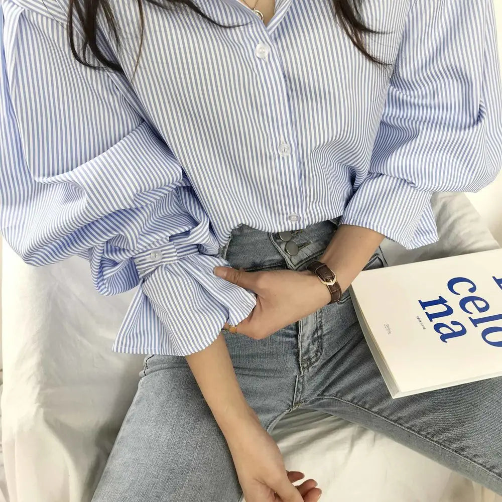 oose Stripe Women Shirts 2025 Fashion Lapel Collar Long Sleeve Shirt Elegant Classic Top.