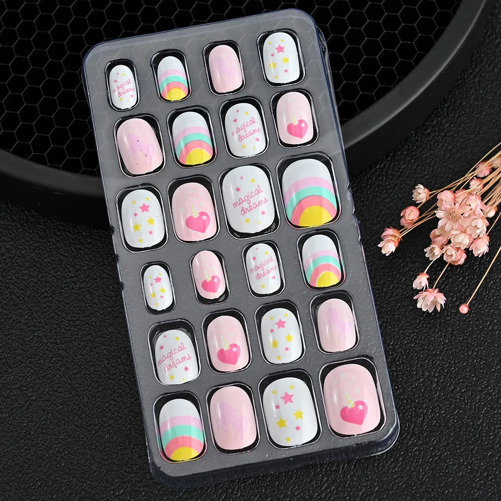 24Pcs/box Kids nails for Girl Cartoon Pattern False Nail Cute Child Fake Nails Tips Kawaii Acrylic Artificial Press on Nail+Tool