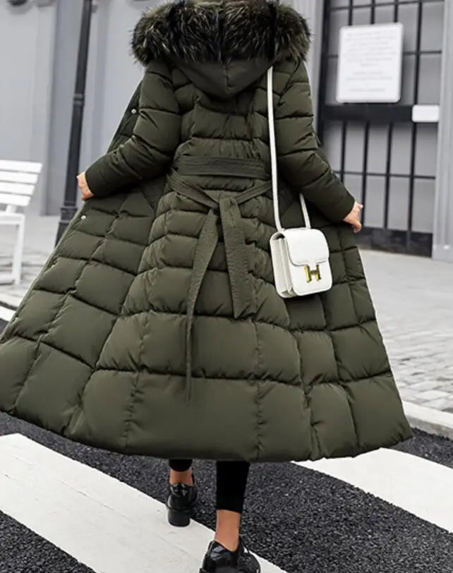 Neue Wintermode Langarm Pelzkragen Reißverschluss Einfarbig Slim Fit Lange Version Dicke Daunenjacke Mit Kapuze Für Frauen, 6 Farben.