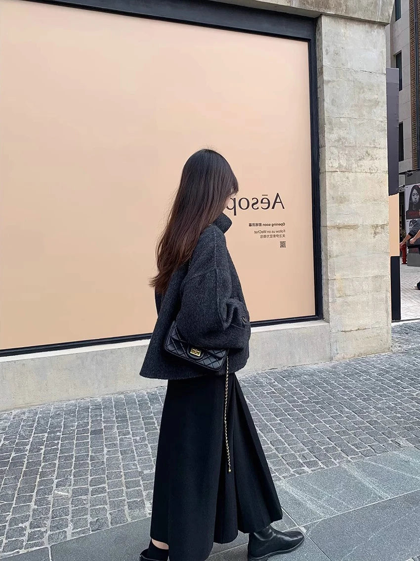 Thick Hepburn Style Woolen Pleated Skirt High Waist Slimming Casual Half Skirt Women Autumn Winter Unique Long Skirt