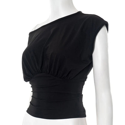 CUTENOVA Solid Color One Shoulder Slant Neck Waist Shrinking Pleated Tank Top Women'S Summer New Casual Simple Fashion Tank Top.