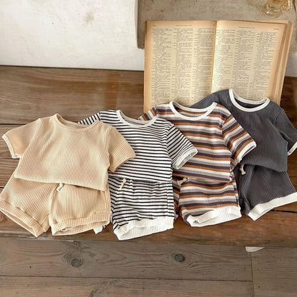 Korean Version Summer Kids Baby Girls Boys Short Sleeve Striped Top Tees +shorts Pants Infant Cute Pure Cotton Clothing Set.