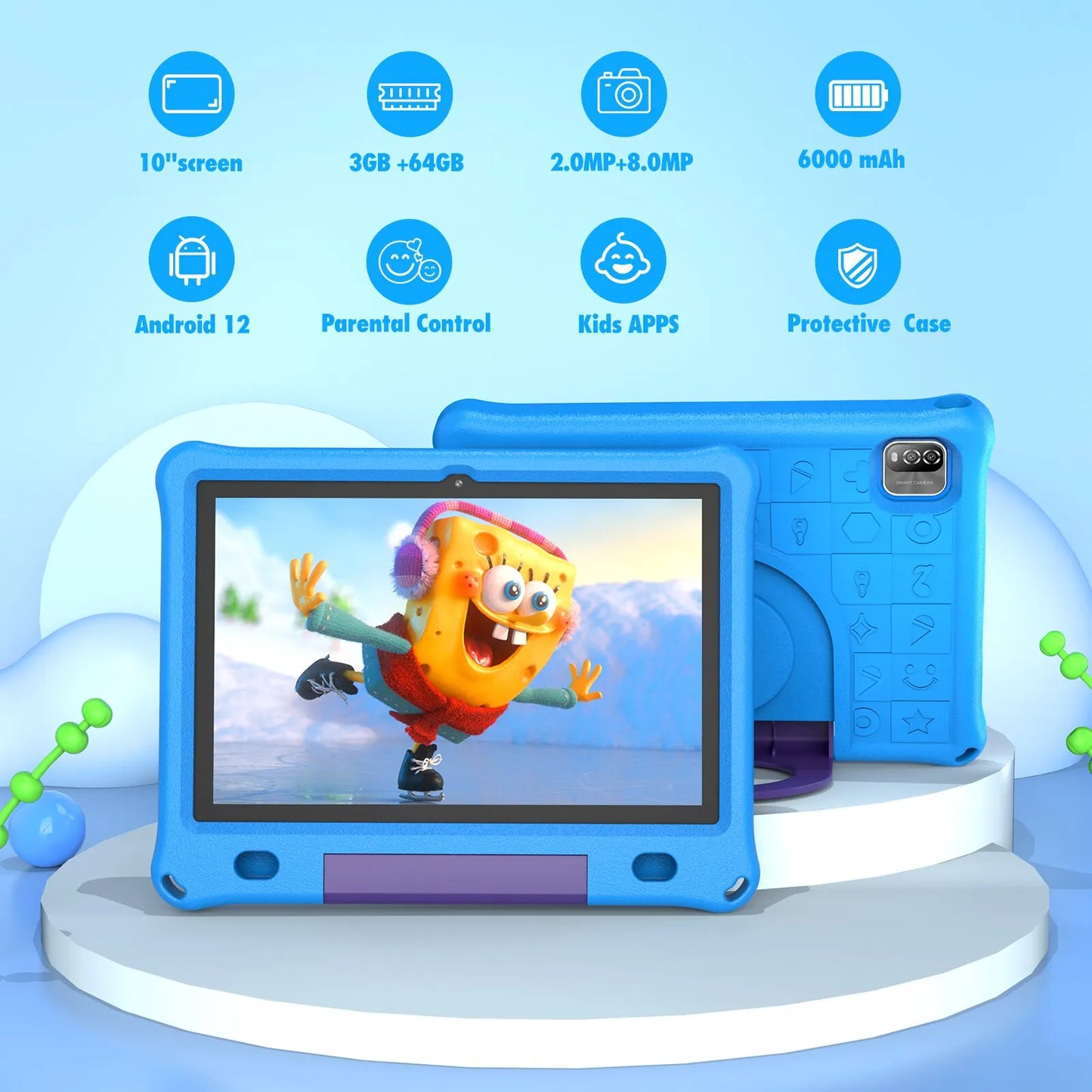 Pritom 10.1 Inch Kids Tablet Android 12 WIFI 6 Quad Core Processor 3GB RAM 64GB ROM YouTube with EVA Protective Case.