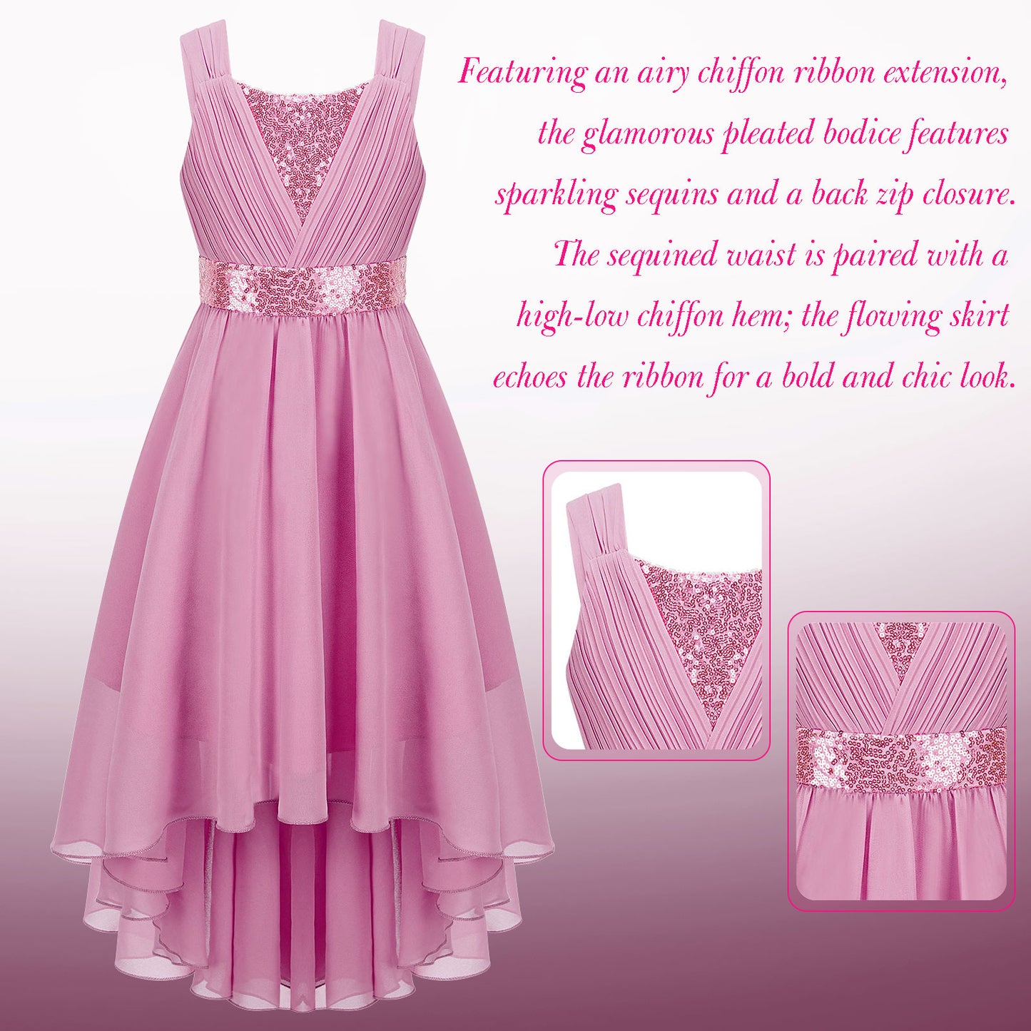 Kinder Blumenmädchenkleid Ärmellos Pailletten Hi-Low-Saum Abendkleid Elegantes Chiffon Prinzessin Geburtstag Formales Hochzeitskleid.