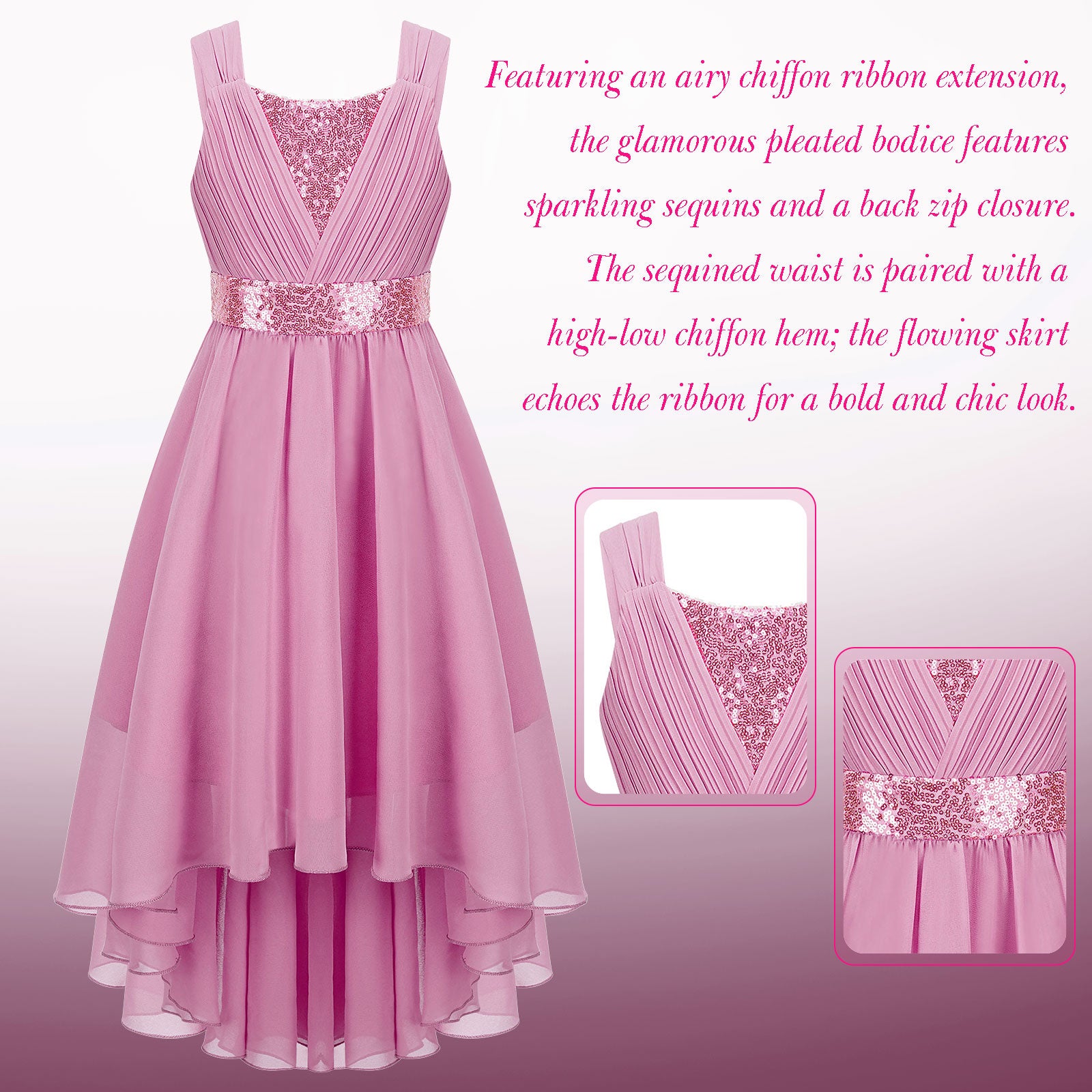 Kinder Blumenmädchenkleid Ärmellos Pailletten Hi-Low-Saum Abendkleid Elegantes Chiffon Prinzessin Geburtstag Formales Hochzeitskleid.