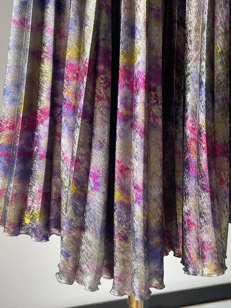 Shiny Colorful Luxury High Waist Metallic Pleated Midi Skirt 2025 Fashion Trends Elastic Waistband Pleated Skirt Old Money Style.