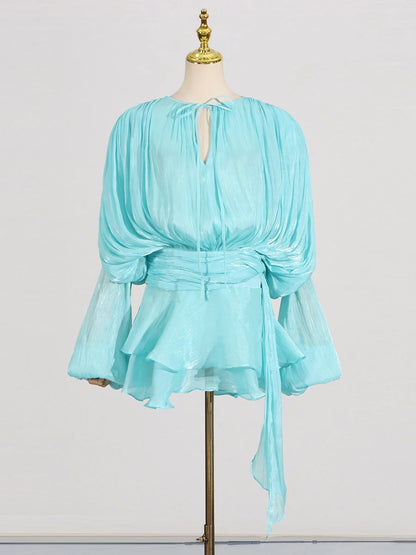 GALCAUR Solide Lose Splicd Lace Up Kleider Für Frauen V-ausschnitt Mit Langen Ärmeln Patchwork Rüschen Tunika Kleider Weibliche Mode Neue