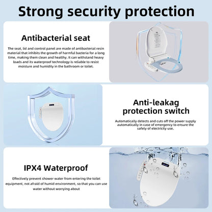 Intelligenter, länglicher Toilettensitzbezug – beheizt, wassersparend, automatische Reinigungsdüse, langsam schließend, trocken, LED-Licht für modernes Badezimmer