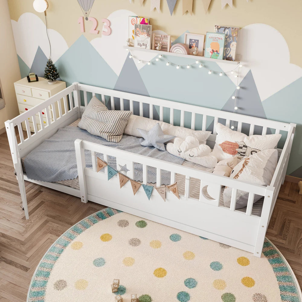 Panelbett 140 x 190 cm großes Kinderbett mit Gitter, Stern- und Monddekoration, ohne Gitter (ohne Matratze), minimalistischer Stil