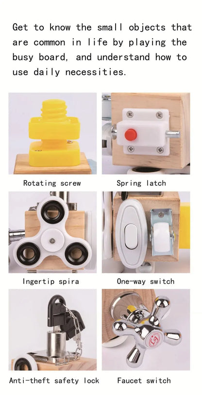 Kids Busy Cube Wooden Fidget Toy Cube Montessori Educational Baby Travel Toys Learning Basic Life Skills Sensory Busy Boards.