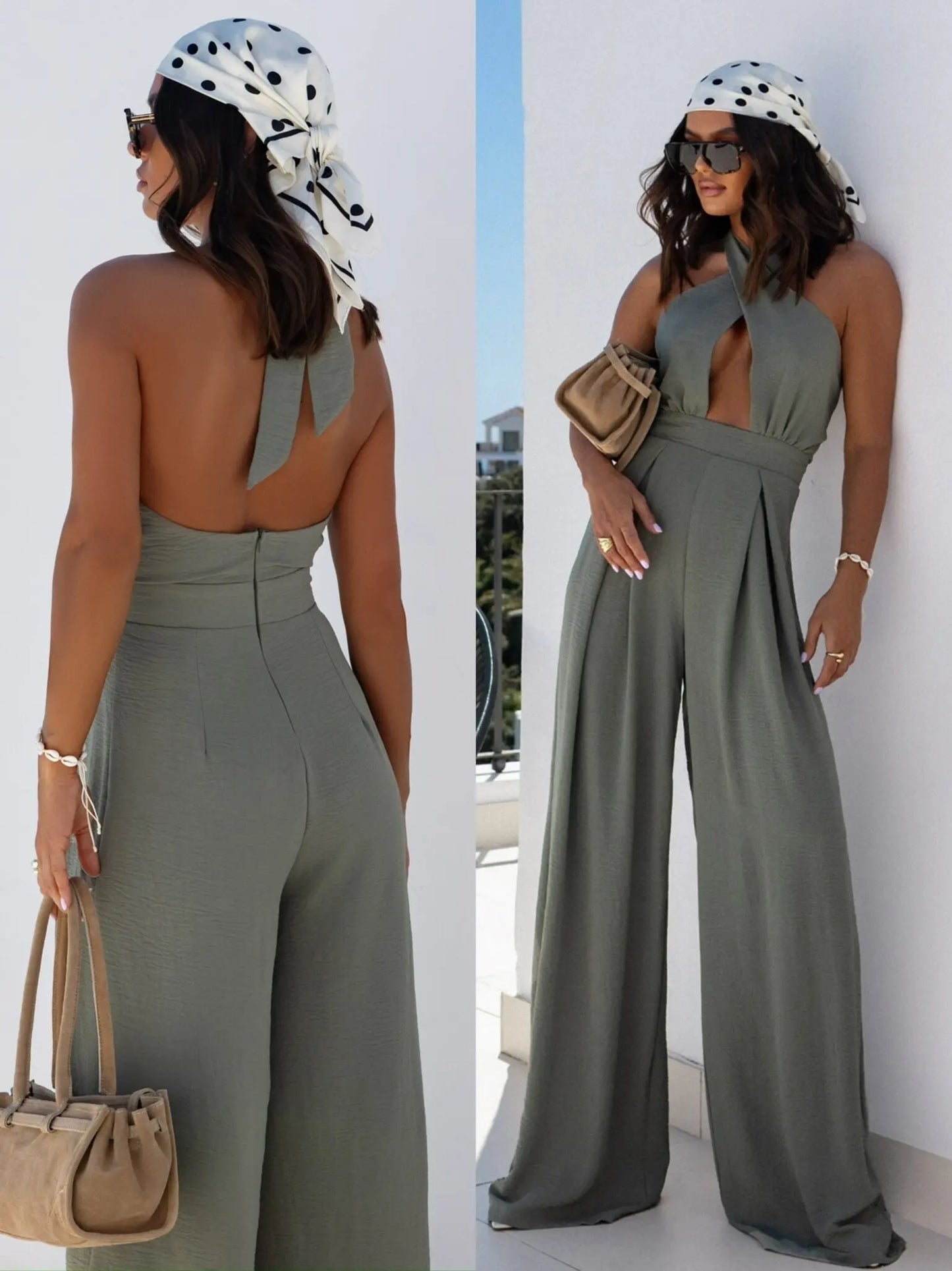 2025 Summer Female Jumpsuits Solid Color Hollow Out But Cross Halter Collar Backless Sexy Lady Wide Legs Jumpsuit Long Pants.