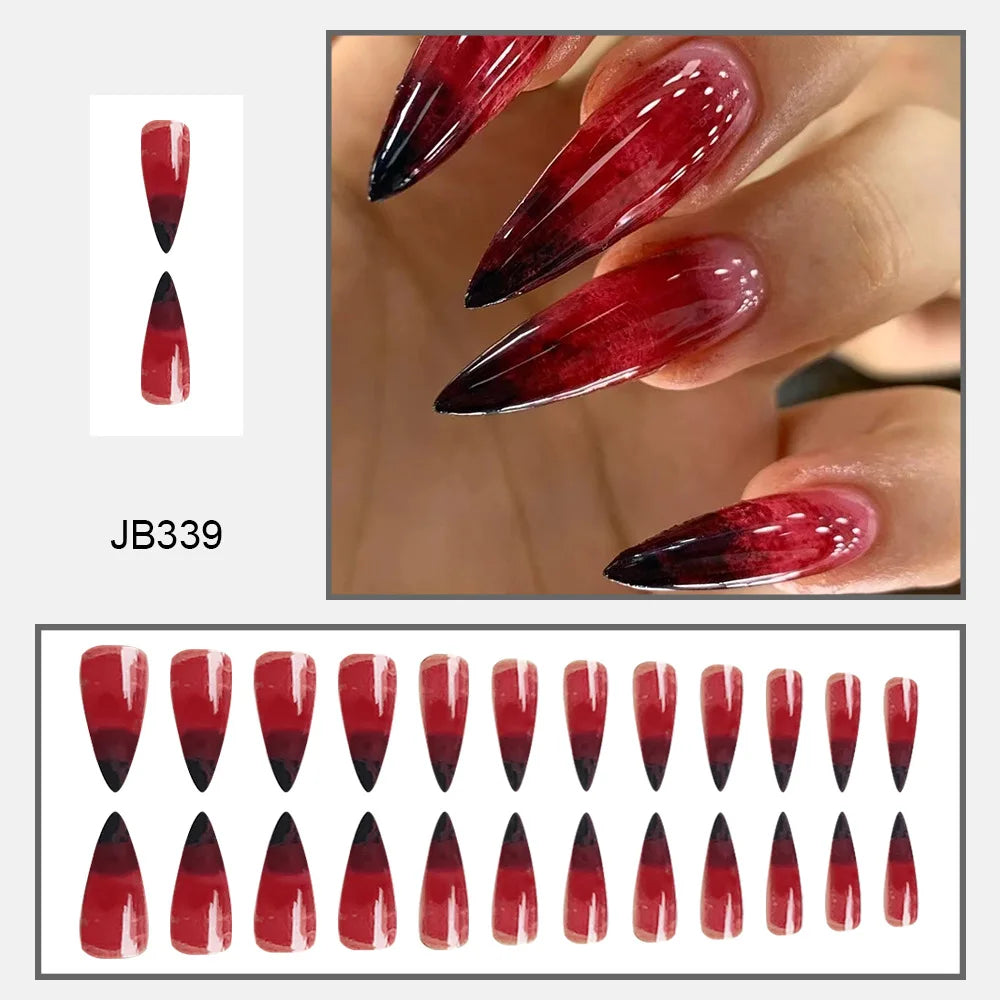 24pcs Blood Red Fake Nails Gradient Long Pointed False Nail Patch Full Cover Wearable Fake Nail Tips Halloween Manicure Sets.