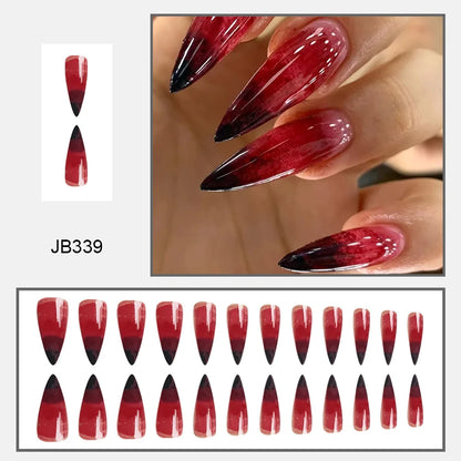 24pcs Blood Red Fake Nails Gradient Long Pointed False Nail Patch Full Cover Wearable Fake Nail Tips Halloween Manicure Sets.