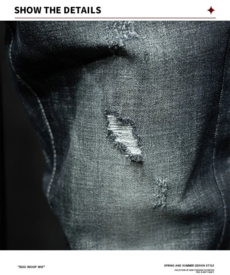 Fashion Ripped Men's Slim Straight Stretch Jeans Korean Personality Streetwear Denim Pants Classic Black Hip Hop Male Trousers.