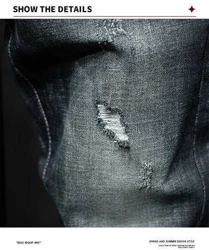 Fashion Ripped Men's Slim Straight Stretch Jeans Korean Personality Streetwear Denim Pants Classic Black Hip Hop Male Trousers.