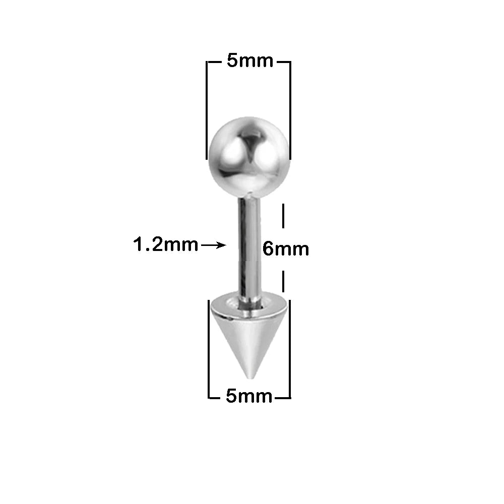 6PCS/Set 16G Stainless Steel Stud Earring 3/4/5mm Ball & Cone Screws Earrings Ear Bone Nail Piercing Body Jewelry.