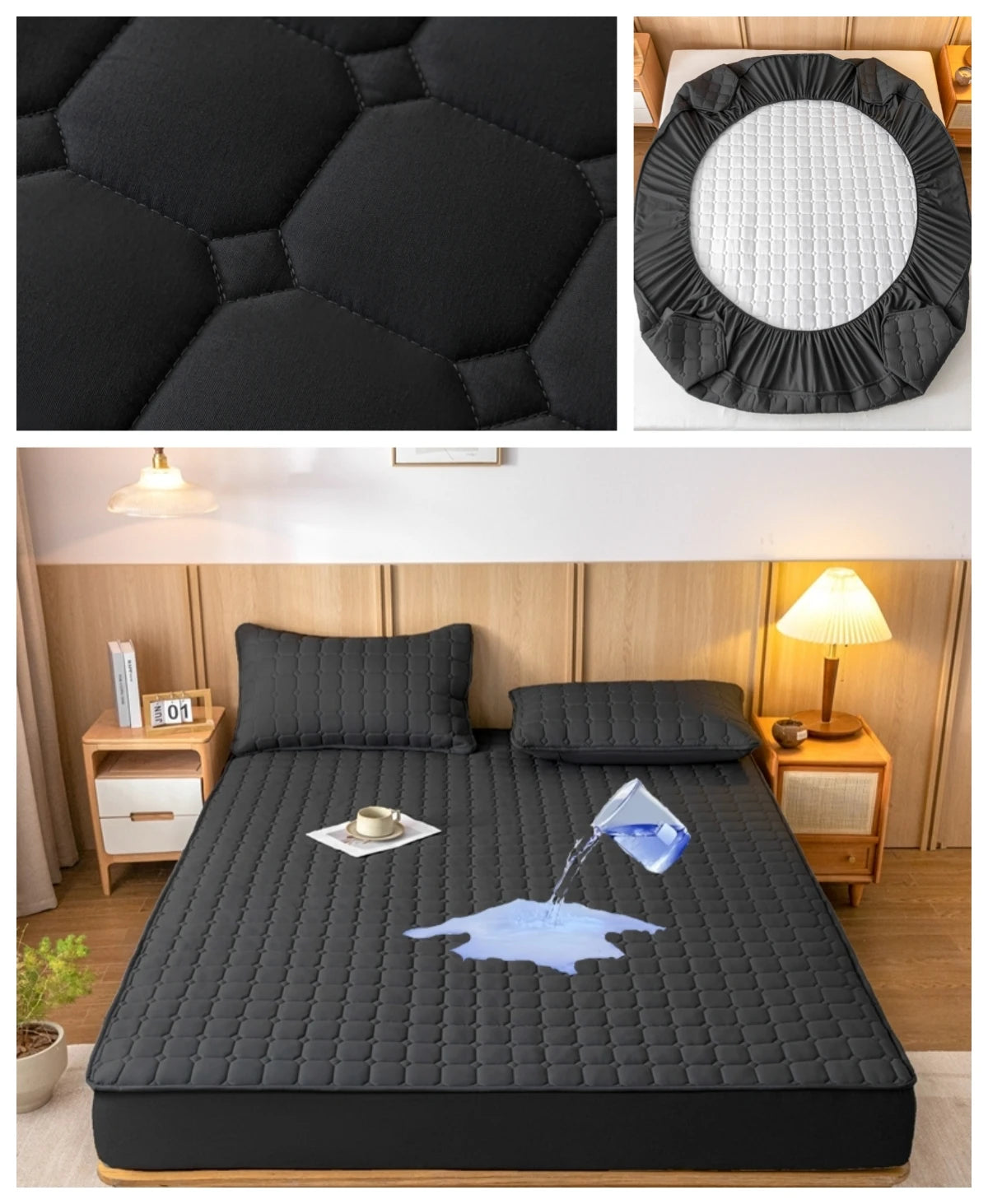 Kuup Fashion Queen Size Mattress Protector Waterproof Quilted Fitted Sheet Solid Color Bed Cover - No Pillowcase Included.