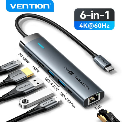 Vention USB C HUB Type C to HDMI 4K60Hz RJ45 PD 100W Adapter For Macbook iPad Pro Air M2 M1 Sumsang PC Accessories USB 3.0 HUB.