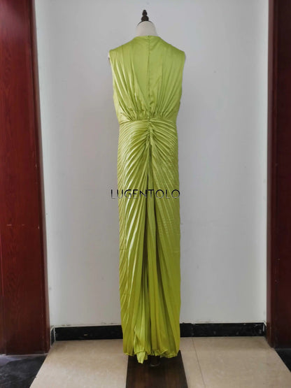 Frauen sexy Kleid neue ärmellose feste Party schlanke Empire Split weibliche elegante Rundhals Mode lange Kleidung.