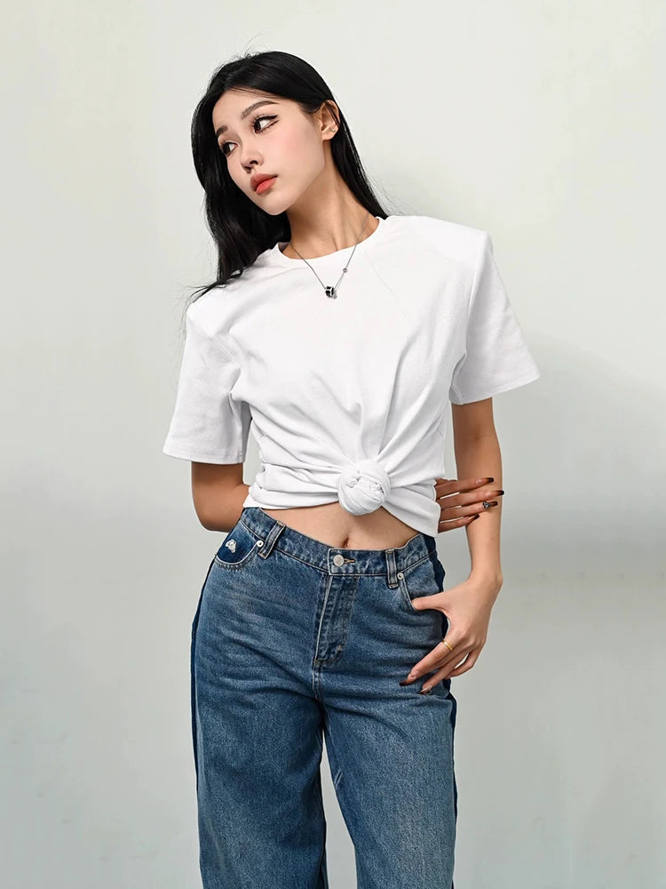 Y2K knotted twist knitted threaded round neck Top women fashionable and versatile navel padded shoulder short-sleeved T-shirt.