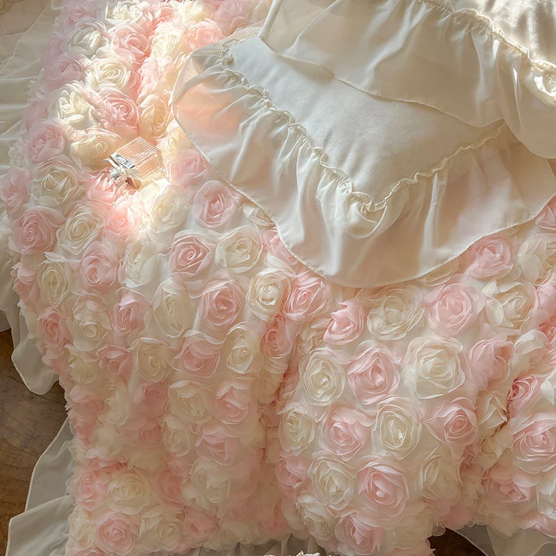 Three-Dimensional Rose Flowers Lace Ruffles Princess Wedding Bedding Set Warm Milk Velvet Duvet Cover Bed Sheet Pillowcases 4Pcs.