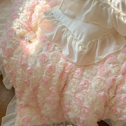 Three-Dimensional Rose Flowers Lace Ruffles Princess Wedding Bedding Set Warm Milk Velvet Duvet Cover Bed Sheet Pillowcases 4Pcs.