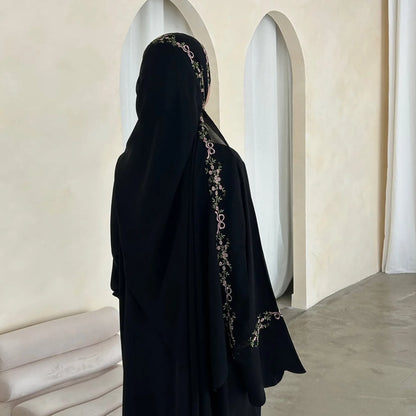 Front Open Abaya with Hijab 2 Piece Set Muslim Embroidery Abayas for Women Dubai Modest Islamic Clothing Kaftan Turkish Dresses.