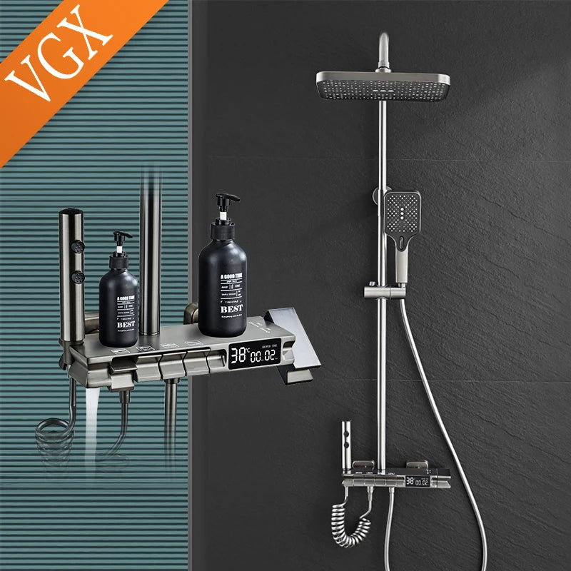 VGX LED Digital Shower System Modern Bathroom Temperature Display Shower Faucet Set Rainlfall Bathroom Mixer Bidet Shower Set