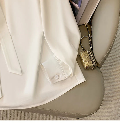 Loose Long Sleeve V-Neck Work Shirt for Women Plus Size Women's Blouses Fashion Versatile Autumn Bow Tops Trendy Business Shirts.