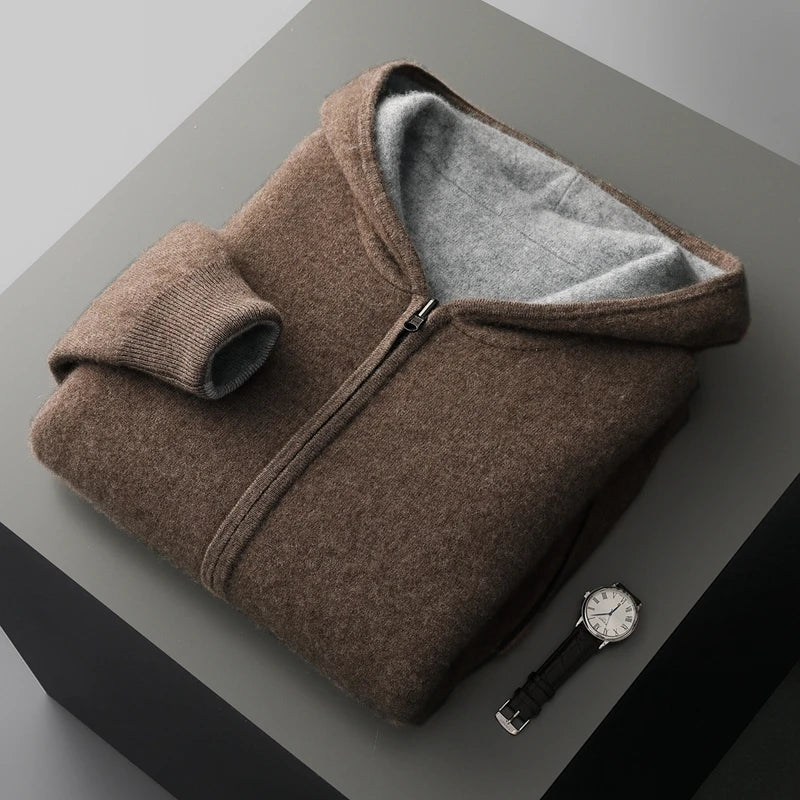 Autumn Winter Pure Cashmere Sweater Double-sided Cardigan Men's Casual Zipper Thickened Cashmere Knitted Hooded Sweater Coat