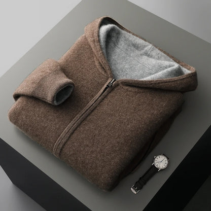 Autumn Winter Pure Cashmere Sweater Double-sided Cardigan Men's Casual Zipper Thickened Cashmere Knitted Hooded Sweater Coat