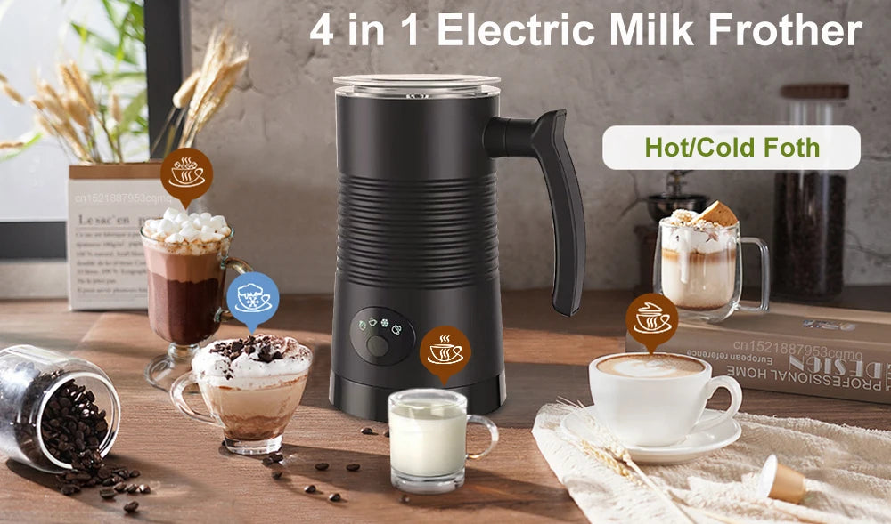Electric Milk Frother Automatic Rotary Foamer for Coffee Cappuccino Latte 4 in 1 Hot and Cold Foam Maker Milk Frother Foamer.