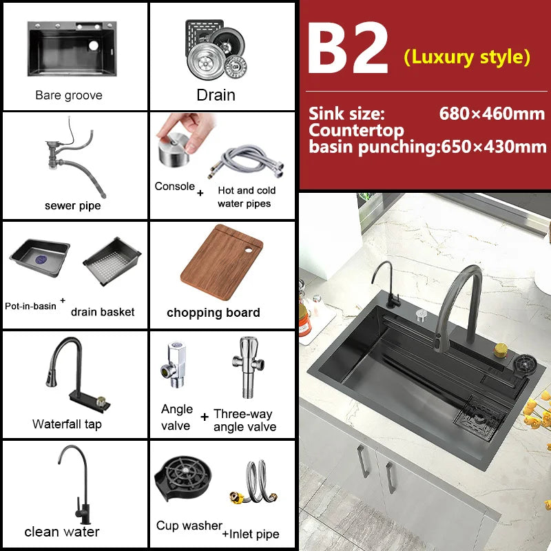 Kitchen Sink Stainless Steel Large Single Slot Multifunctional Tank Wash Basin With Waterfall Faucet Lowe Price