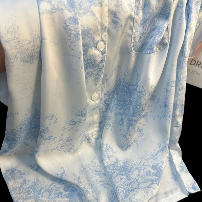 New Ice Silk Women Pajama Lapel Button Cardigan Outfits for Women 2 Piece Set Fashion Printing Set Clothes for Women.