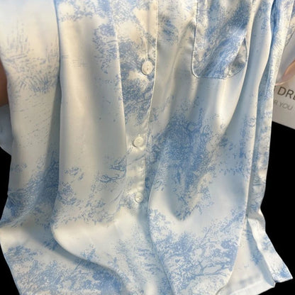 New Ice Silk Women Pajama Lapel Button Cardigan Outfits for Women 2 Piece Set Fashion Printing Set Clothes for Women.