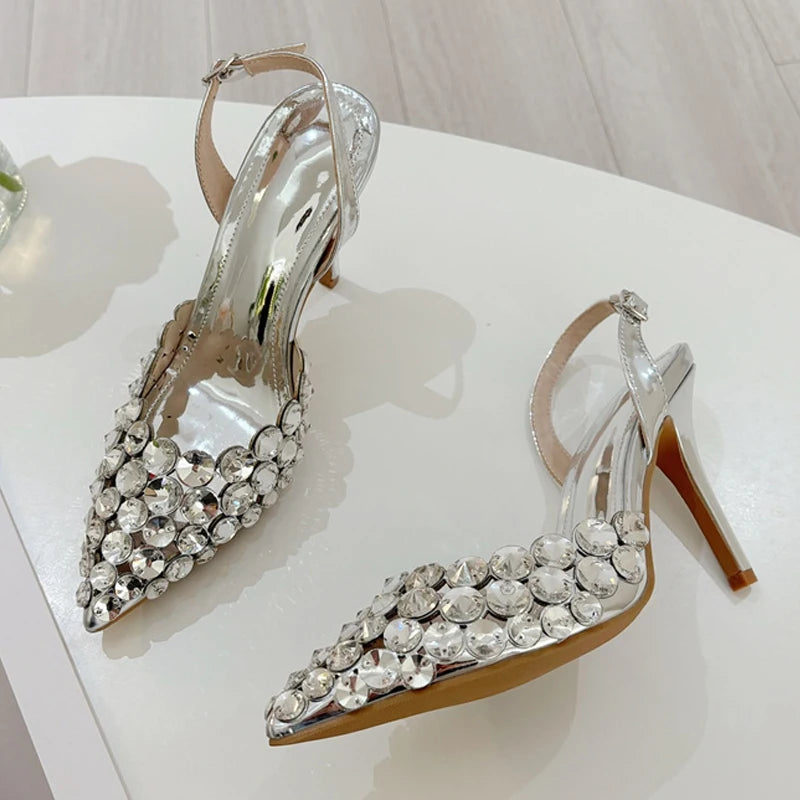 Liyke Elegant Pointed Toe Slingback Stiletto Sandals Crystal Diamonds Women Pumps High Heels Wedding Prom Shoes Zapatos Mujer.