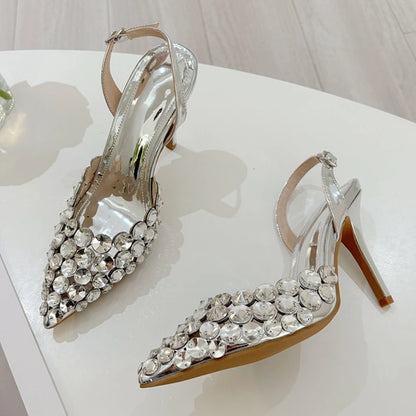 Liyke Elegant Pointed Toe Slingback Stiletto Sandals Crystal Diamonds Women Pumps High Heels Wedding Prom Shoes Zapatos Mujer.